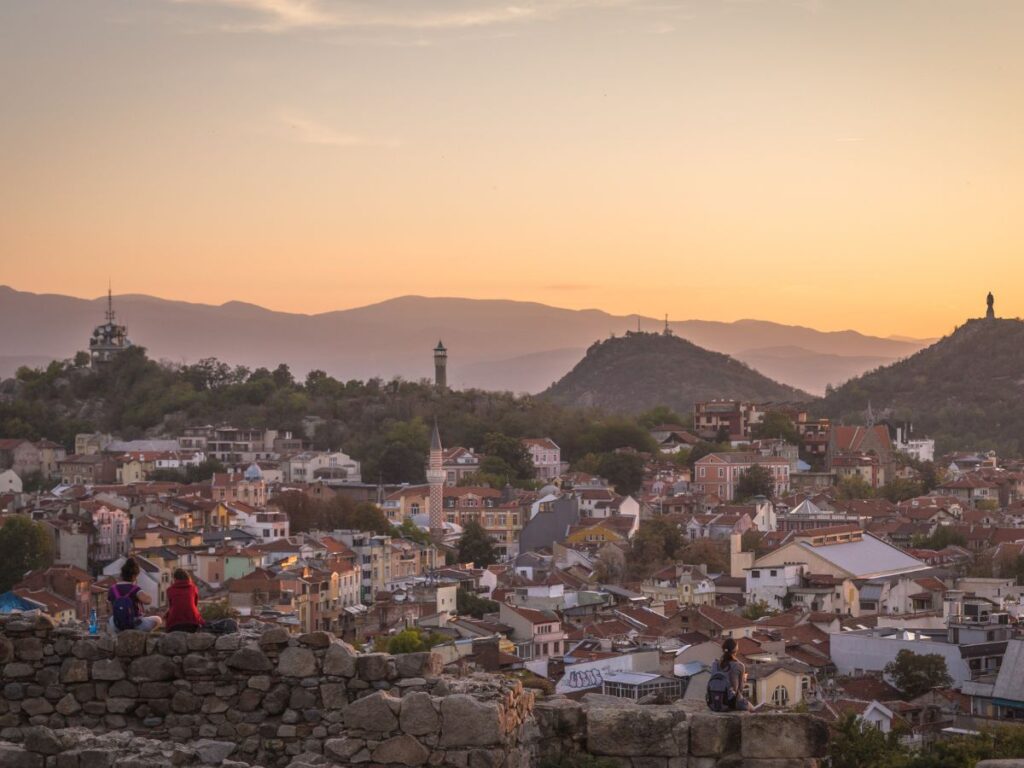 view of the city of plovdiv at sunset from danov hill