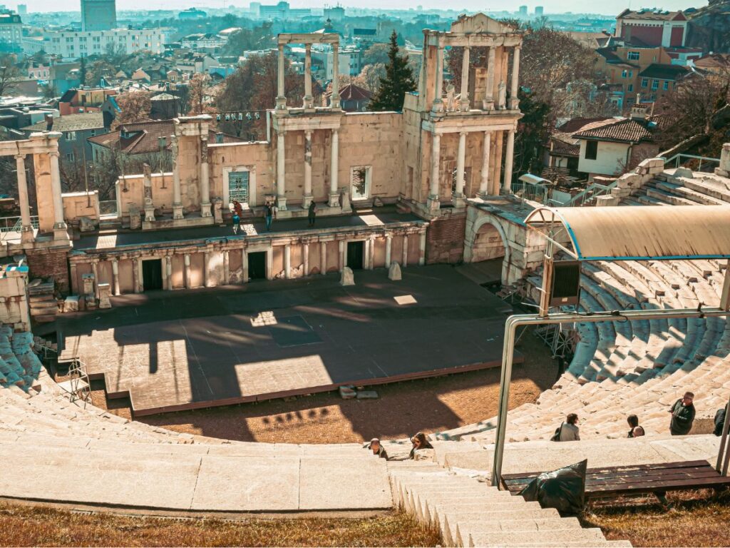 wide view of ampitheatre in plovdiv on a sunny day