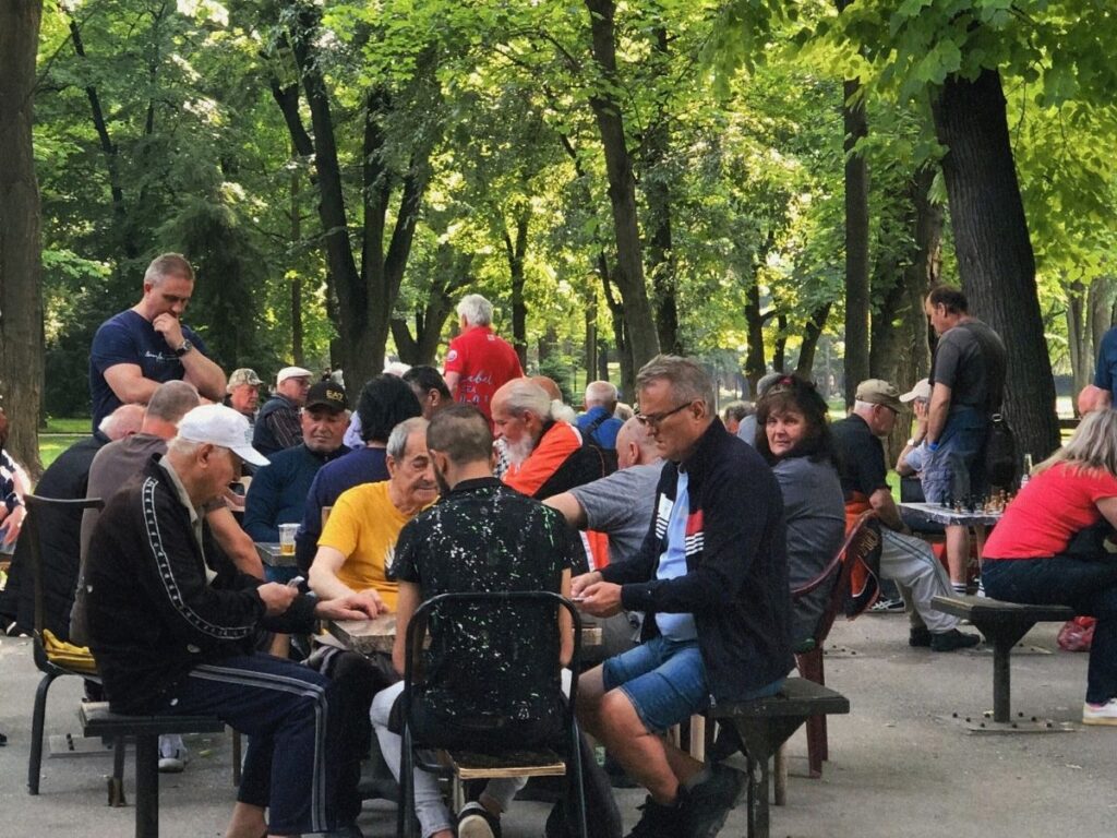 group of 15 men playing a game at tsar simeon park, plovdiv