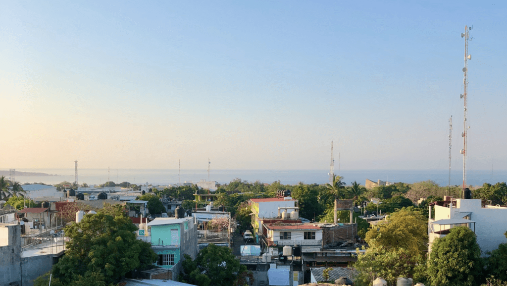 Sunset on rooftop at Puerto Dreams Hostel, Puerto Escondido