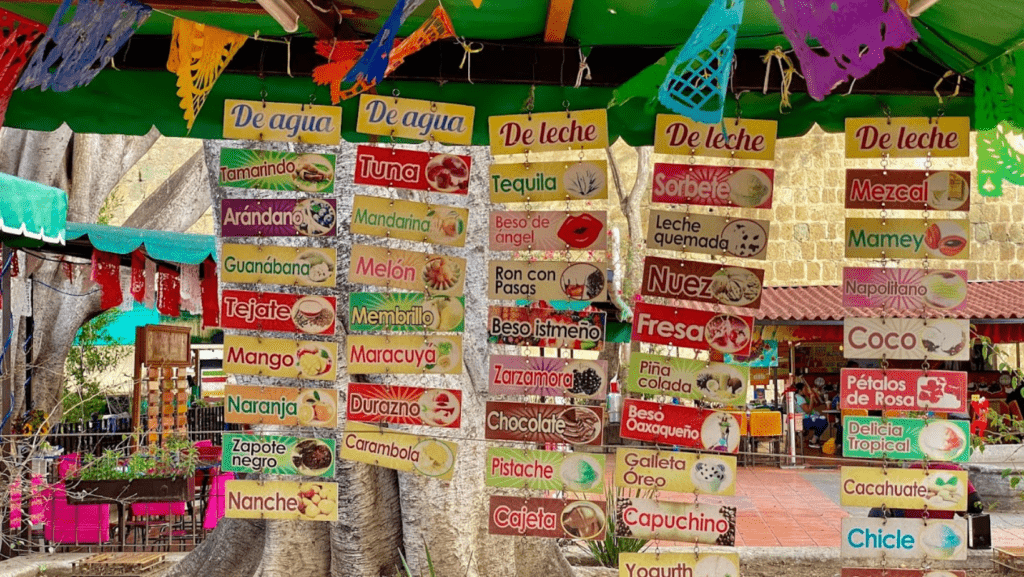 sign of ice cream flavours at plaza de las nieves, oaxaca