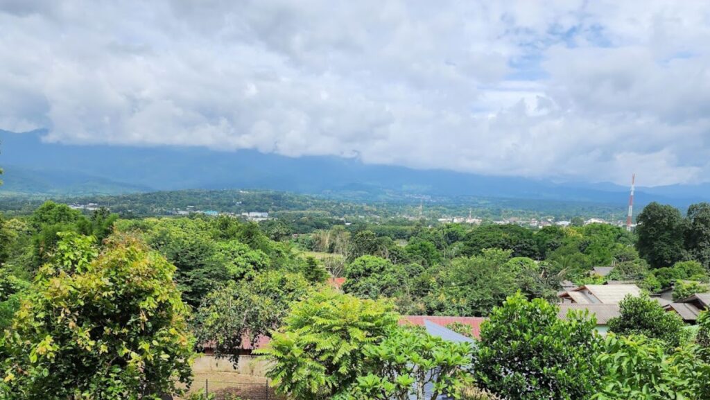 green view of pai, thailand from chang puak coffee house near the big buddha