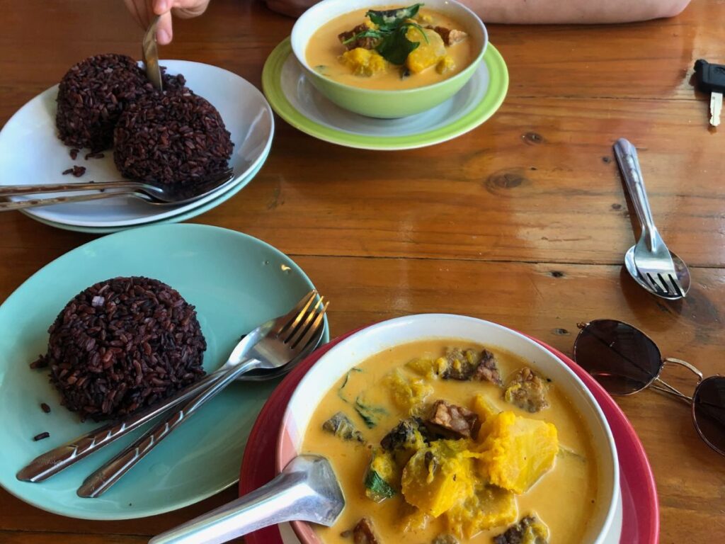 two bowls of vegan curry and two plates of rice on table at charlie and lek in pai