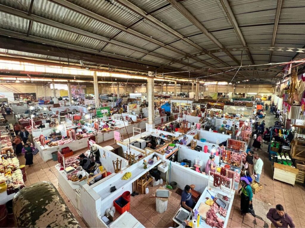 inside busy market in san cristobal de las casas, meat, cheese stalls