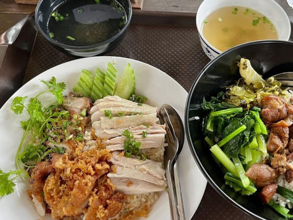 upclose of chicken plate and braised pork plate from jomyoot chicken and braised pork in pai, thailand