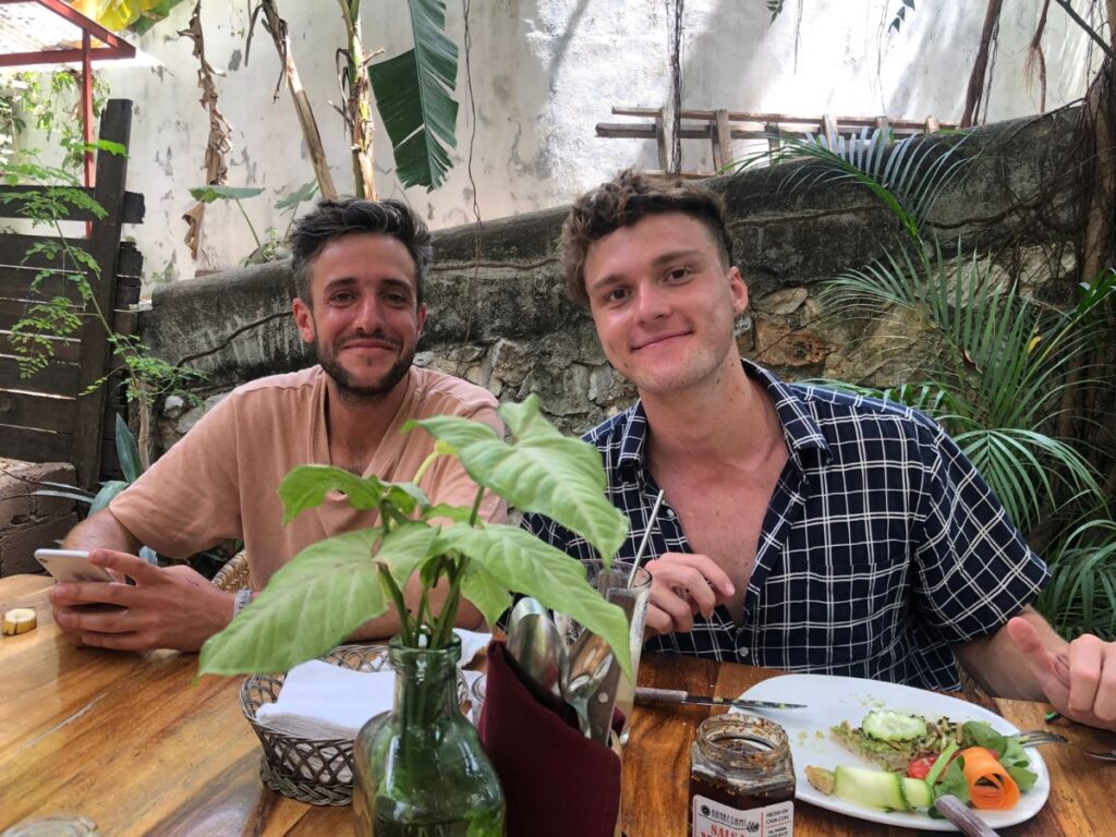 marius and christien enjoying breafkast in the terrace, elephant garden restaurant in puerto escondido