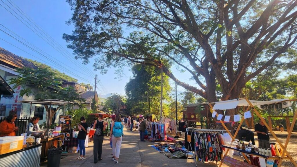 stalls at saturday mornign market in Pai, next to Bodhi Tree Playground