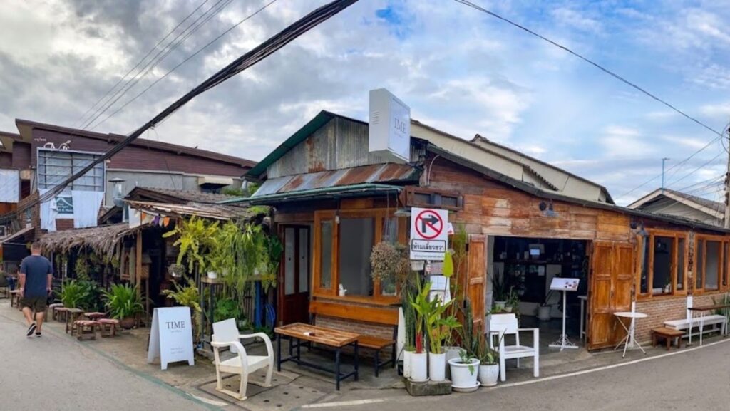exterior of time cafe in Pai, Thailand, best coffee shop on Walking Street