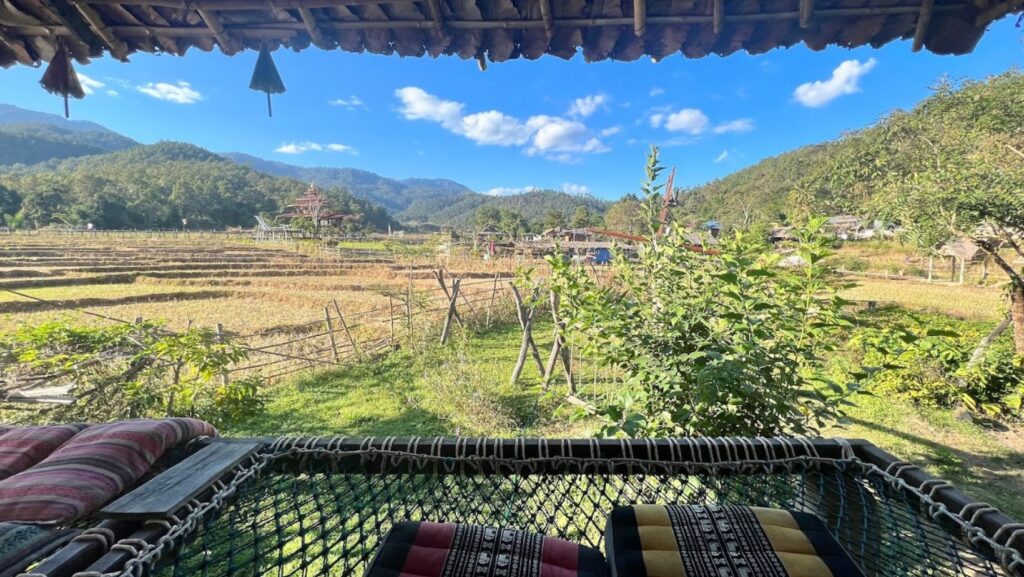 view from jaey cafe, bamboo bridge of the rice fields