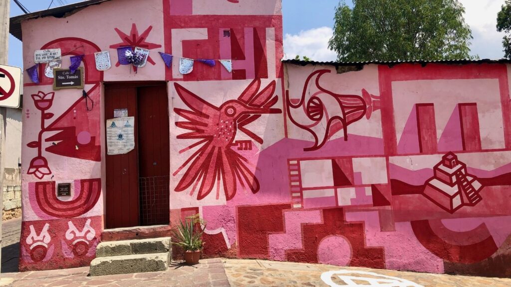 pink mural art grafitti wall in barrio de xochimilco in oaxaca city