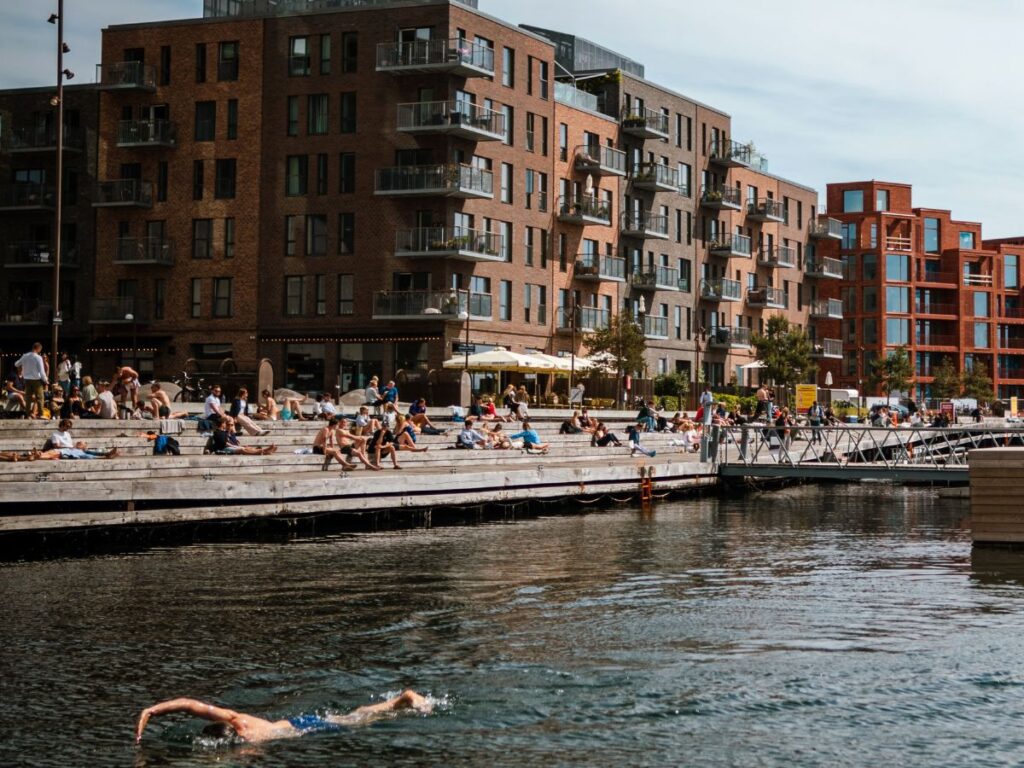 in the foreground, a man swimming in the centre of copenhagen near islands brygge, people enjoying sunbathing and chatting in the background