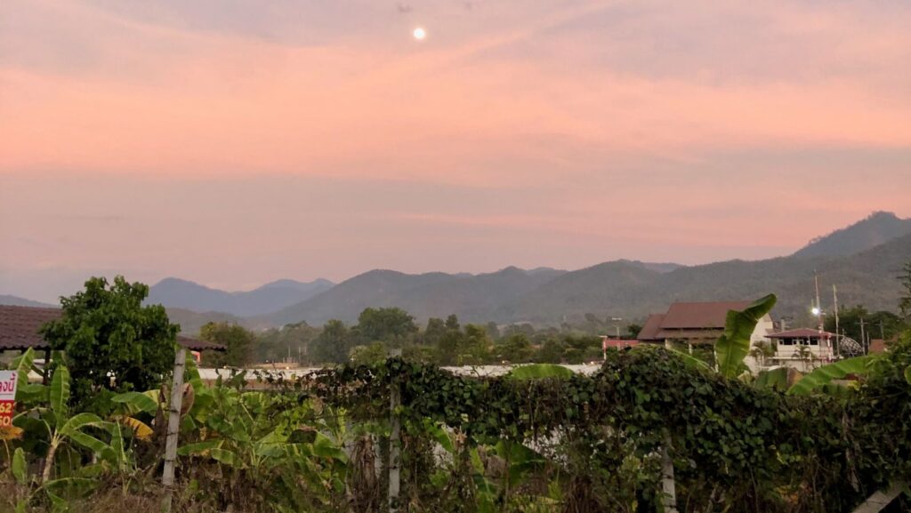 wiang nuea village, a neighbourhood in Pai at sunset, palm trees, local houses