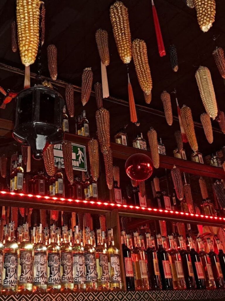 photo of mezcal and pox bottles in the posheria bar in san cristobal de las casas