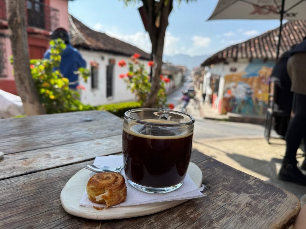 Americano coffee on table at Kukulpan cafe in San Cristobal de las Casas