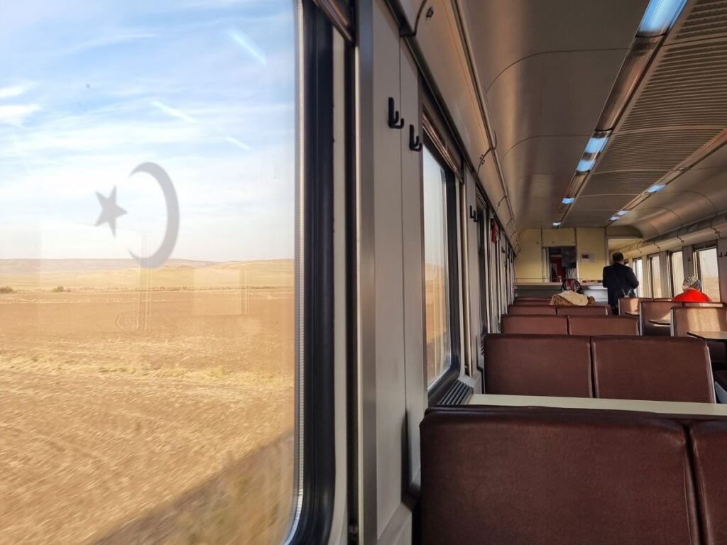 inside the dining cart on the Guney Kurtalan Express, Eastern Turkey