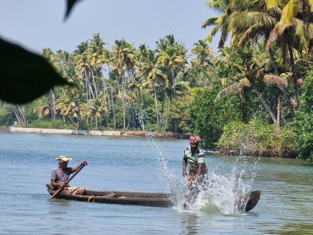 Two fisherman catch fish on Ashtamudi Lake on Munroe Island, Kerala