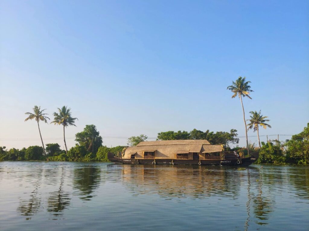 View of houseboat on backwaters from Kottayam to Alleppey, Kerala