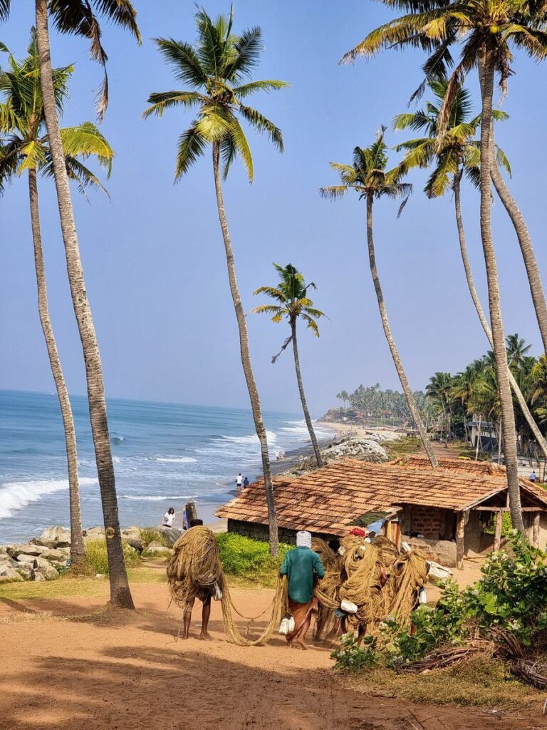fishermen walking along black sand beach with palm trees in Varkala, Kerala