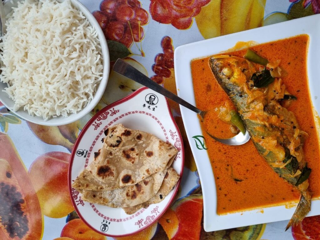 Fish curry and rice at Mary's Kitchen in Fort Kochi, Kerala