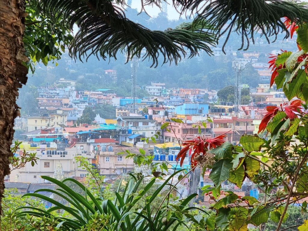 view of the colourful houses of upper coonoor from the Birdhouse Hostel, Coonoor