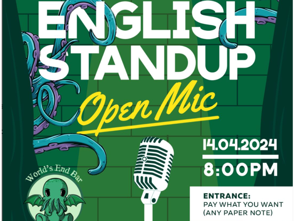 Poster advertising English Comedy Stand Up at Worlds End Bar, Tbilisi