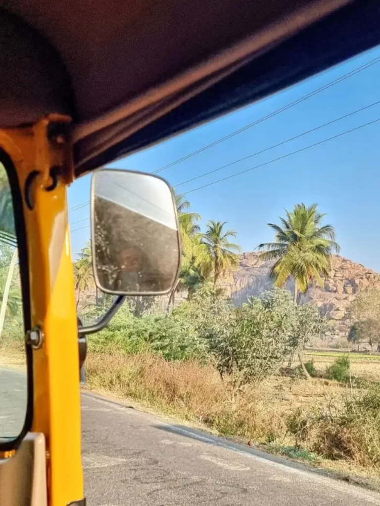 Green trees and rice field view from tuk tuk journey from Hospet Junction to Hampi