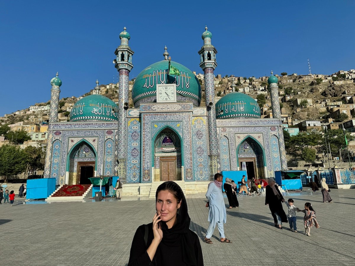 Female solo traveller in front of Sakhi Shrine, Afghanistan