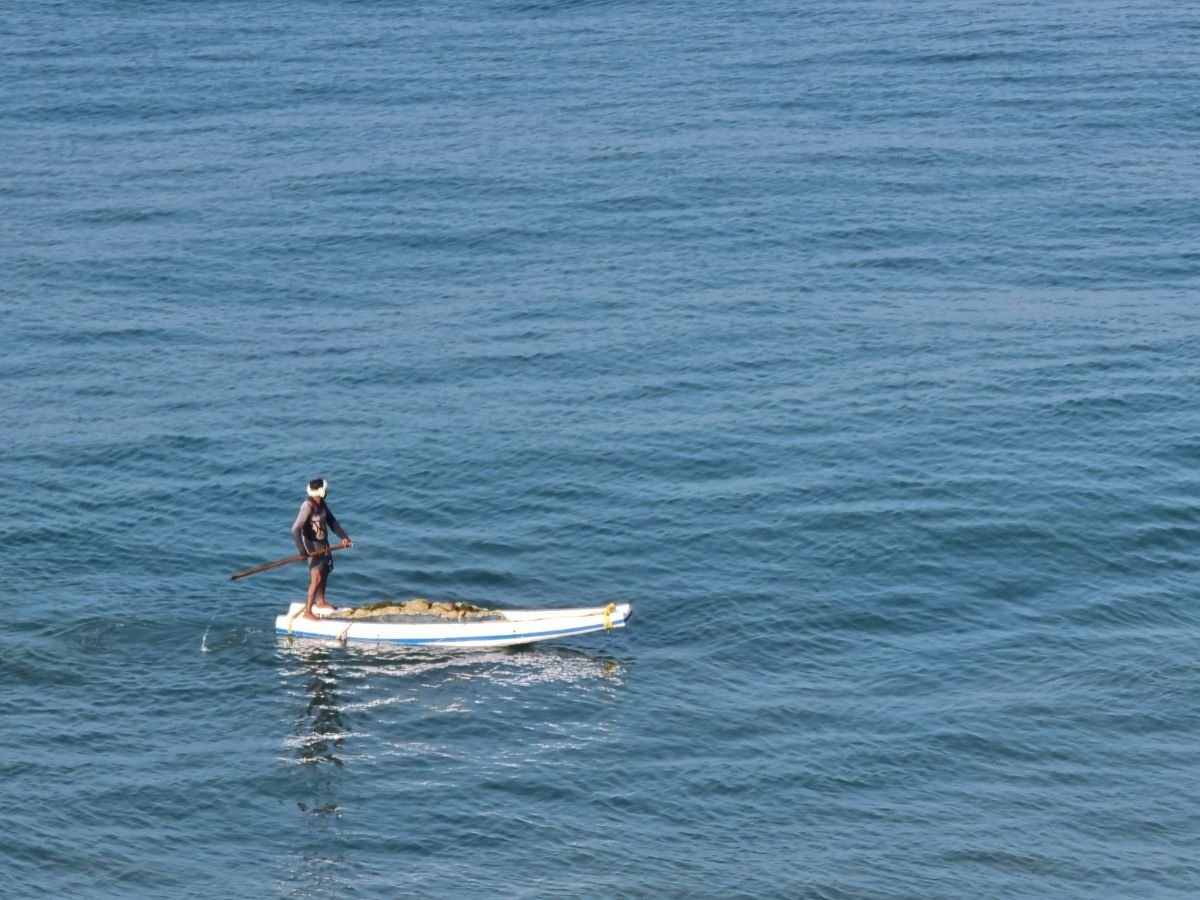 Man rowing in sea near Varkala, Kerala